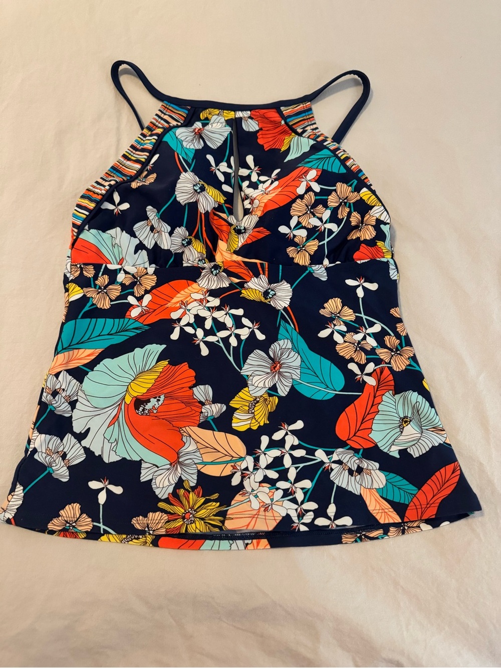 Ellen Tracy Navy Halter Swim Top with Bright Floral Print